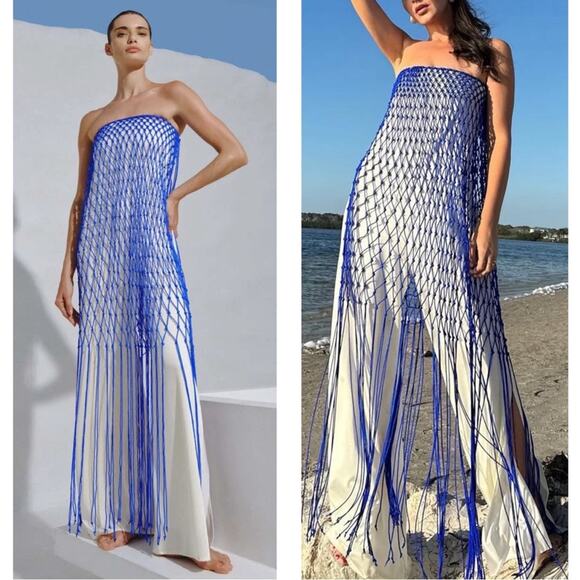 Baobab Collection Pants - BAOBAB Indira Strapless Crochet Paraiso Blue Jumpsuit Size Medium